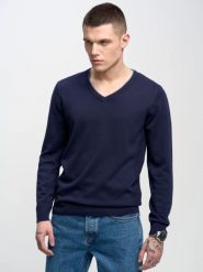 Sweter męski granatowy Vason 403. Niebieskie swetry męskie Big Star, l, bez wzorów, z dzianiny, bez kołnierzyka. W wyprzedaży za 139.99 zł.