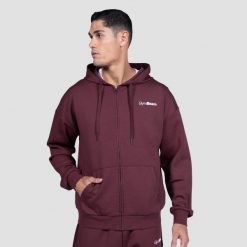 Bluza męska fitness na zamek z kapturem figowa Relay. Fioletowe bluzy sportowe męskie GYMBEAM, bez wzorów, z bawełny, bez kołnierzyka, bez ramiączek. Za 151.90 zł.