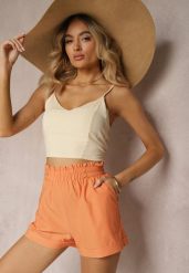 Pomarańczowe Szorty High Waist z Gumką w Pasie Kerpia. Brązowe szorty damskie Renee, bez wzorów, z bawełny, eleganckie, z podwyższonym stanem. Za 39.99 zł.