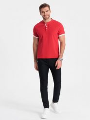 Koszulka męska polo bez kołnierzyka - czerwona V2 OM-TSCT-0156 - XL. Czerwone koszulki polo męskie Ombre Clothing, l, bez wzorów, z bawełny, bez ramiączek. W wyprzedaży za 39.99 zł.
