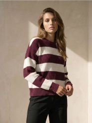 Sweter w paski z bufiastymi rękawami z wiskozy - fioletowy. Fioletowe swetry klasyczne damskie Sinsay, l, z wiskozy, bez kołnierzyka. Za 49.99 zł.