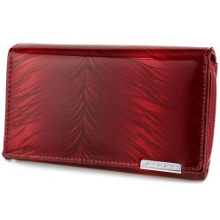 Skórzany Portfel Damski Poziomy Lakierowany Elegancki Duży Czerwony W Piórka 827. Czerwone portfele damskie bez wzorów, z lakierowanej skóry. Za 97.99 zł.