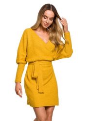 Made of emotion Sukienka w kolorze musztardowym rozmiar: S/M. Żółte sukienki damskie Made Of Emotion, m, bez wzorów, z bawełny, bez kołnierzyka, bez ramiączek, mini, kopertowe. Za 192.33 zł.