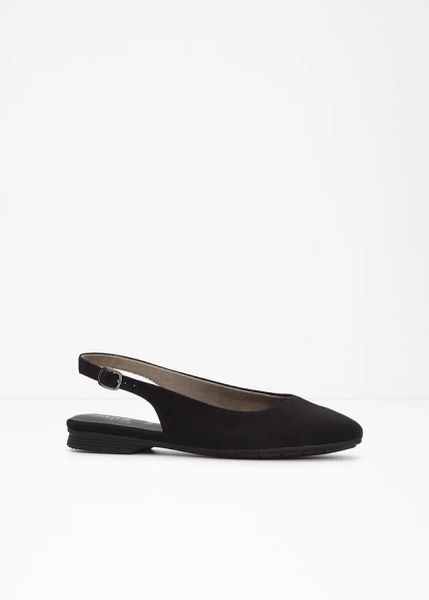Baleriny Jana z odkrytymi piętami, w wygodnej tęgości. Czarne baleriny damskie bonprix, bez wzorów, bez obcasa. Za 119.99 zł.