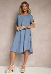 Niebieska Sukienka z Wiskozy o Rozkloszowanym Kroju Irisena. Niebieskie sukienki damskie Renee, na co dzień, l, bez wzorów, z jeansu, eleganckie, bez kołnierzyka, bez ramiączek, midi, proste. W wyprzedaży za 52.49 zł.