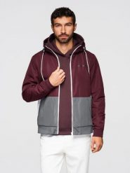 Lekka męska kurtka regular fit z podszewką i kapturem - bordowo-szara V3. Szare kurtki męskie Ombre Clothing, m, bez wzorów, z jeansu, biznesowe, z kapturem. Za 289.99 zł.