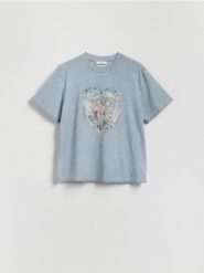 T-shirt z nadrukiem - jasnoniebieski. Niebieskie t-shirty damskie Reserved, l, bez wzorów, z bawełny, bez kołnierzyka. W wyprzedaży za 39.99 zł.