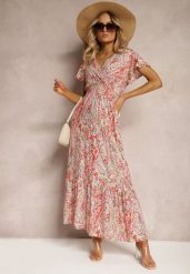 Czerwona Sukienka Boho z Metaliczną Nicią Kopertowym Dekoltem i Gumką w Talii Dilaria. Czerwone sukienki damskie Renee, na co dzień, l, z aplikacjami, boho, bez kołnierzyka, bez ramiączek, maxi, kopertowe. Za 79.99 zł.