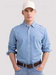 Koszula męska z imitacji jeansu niebieska Jason 147. Niebieskie koszule męskie Big Star, na lato, l, bez wzorów, z denimu, bez kołnierzyka, bez ramiączek. W wyprzedaży za 119.99 zł.