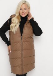 Brązowa Pikowana Kamizelka z Kapturem na Suwak i Napy Timella. Brązowe kamizelki damskie Born2be, plus size, z jeansu. Za 159.99 zł.