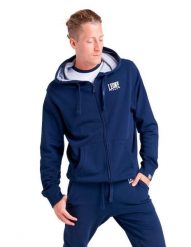 Bluza z bawełna z kaptur na co dzień na siłownię. Niebieskie bluzy sportowe męskie LEONE 1947 APPAREL, bez wzorów, z bawełny, bez kołnierzyka, bez ramiączek. Za 189.41 zł.
