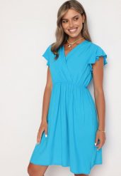 Niebieska Rozkloszowana Sukienka z Gumką w Pasie i Falbanką przy Rękawach Walvia. Niebieskie sukienki damskie Born2be, na imprezę, l, bez wzorów, eleganckie, bez kołnierzyka, bez ramiączek, mini, rozkloszowane. W wyprzedaży za 39.99 zł.