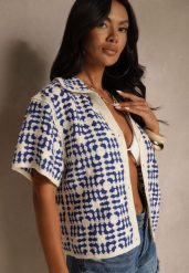 Niebieska Koszula z Bawełny Ozdobiona Geometrycznym Wzorem Melundria. Niebieskie koszule damskie Renee, uniwersalny, bez wzorów, z bawełny, eleganckie, bez kołnierzyka, bez ramiączek. Za 139.99 zł.
