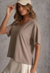 Beżowy T-shirt Bawełniany z Dekoltem w V Adozixie. Brązowe t-shirty damskie Renee, bez wzorów, z bawełny, bez kołnierzyka. Za 79.99 zł.