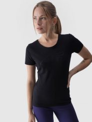 4F T-shirt slim z nadrukiem damski - czarny M. Czarne t-shirty damskie 4f, m, bez wzorów, z bawełny, bez kołnierzyka. Za 49.99 zł.
