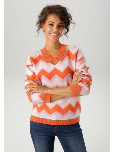 Aniston Sweter w kolorze pomarańczowo-jasnoróżowym rozmiar: 38. Pomarańczowe swetry klasyczne damskie Aniston, bez kołnierzyka. Za 87.19 zł.