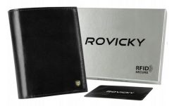 Skórzany portfel męski czarny Rovicky N62-RVT BLACK. Czarne portfele męskie ROVICKY, bez wzorów, ze skóry. Za 77.99 zł.