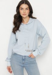 Niebieska Bluza z Bawełną i Kapturem Ozdobiona Sznurkami i Cyrkoniami Amoienna. Niebieskie bluzy z kapturem damskie Born2be, l, z bawełny. Za 59.99 zł.