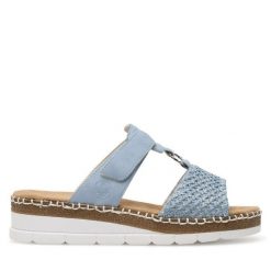 Klapki Rieker. Niebieskie klapki damskie Rieker, bez wzorów, bez obcasa. Za 299.99 zł.