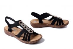 RIEKER V2870-00 black, sandały damskie. Czarne sandały damskie Rieker, bez wzorów, bez obcasa. Za 223.93 zł.