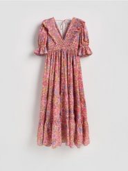 Wzorzysta sukienka maxi - zielony. Zielone sukienki damskie Reserved, l, bez wzorów, z bawełny, bez kołnierzyka, bez ramiączek, maxi, rozkloszowane. Za 279.99 zł.