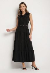Czarna Koszulowa Sukienka Ozdobiona Paskiem Mavorelle. Czarne sukienki damskie Born2be, na co dzień, l, bez wzorów, eleganckie, bez kołnierzyka, bez ramiączek, maxi, koszulowe. W wyprzedaży za 127.99 zł.