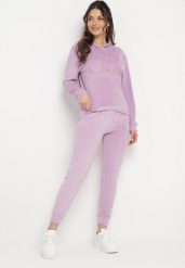 Fioletowy Welurowy Komplet Dresowy Bluza z Perłami i Brokatem Luźne Spodnie Morwenina. Fioletowe bluzy bez kaptura damskie Born2be, bez wzorów, z dresówki, sportowe. Za 79.99 zł.