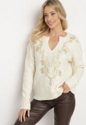 Jasnobeżowy Sweter z Wełną Ozdobiony Metaliczną Nicią Senatira. Brązowe swetry klasyczne damskie Born2be, m, z jeansu, bez kołnierzyka. Za 149.99 zł.