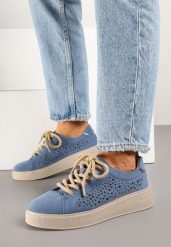 Niebieskie Skórzane Sneakersy Typu Tenisówki z Ażurową Cholewką Virival. Niebieskie trampki i tenisówki damskie Born2be, z aplikacjami, z jeansu. Za 169.99 zł.