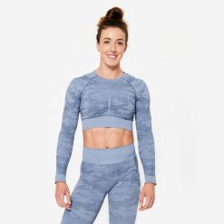 Koszulka fitness damska Domyos długi rękaw. Szare bluzki sportowe damskie DOMYOS, xl, bez wzorów, z elastanu, bez ramiączek. Za 99.99 zł.