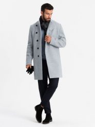 Płaszcz męski z wysokim kołnierzem i asymetrycznym zapięciem – szary melanż V1 OM-COWC-0120 - XXL. Szare płaszcze męskie Ombre Clothing, l, z aplikacjami, z materiału, eleganckie. Za 311.99 zł.
