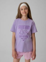 4F T-shirt regular z nadrukiem dziewczęcy - fioletowy 146 (10-11 lat). Fioletowe koszulki dziewczęce 4f, uniwersalny, bez wzorów, z bawełny, bez ramiączek. Za 49.99 zł.