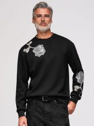 Bluza męska z aplikacjami w kształcie róży ze srebrnych cekinów i koralików z okrągłym dekoltem - czarna V1 - Rozmiar: XL. Czarne bluzy bez kaptura męskie Ombre Clothing, m, z denimu. Za 469.99 zł.