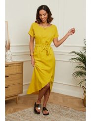 Le Monde du Lin Lniana sukienka w kolorze żółtym rozmiar: 38/40. Żółte sukienki damskie Le Monde du Lin, bez wzorów, ze lnu, z asymetrycznym kołnierzem, bez ramiączek, midi, asymetryczne. Za 130.99 zł.