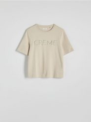 T-shirt regular z haftem - beżowy. Brązowe t-shirty damskie Reserved, l, bez wzorów, z bawełny, bez kołnierzyka. W wyprzedaży za 29.99 zł.