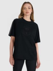 T-shirt oversize z nadrukiem damski 4F 4FRSS25TTSHF2791. Czarne t-shirty damskie 4f, m, bez wzorów, z bawełny, bez kołnierzyka. Za 69.99 zł.