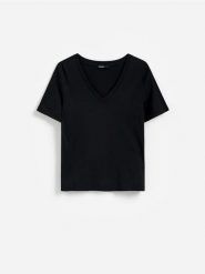 T-shirt z modalem - czarny. Czarne t-shirty damskie Reserved, l, bez wzorów, z dzianiny, bez kołnierzyka. Za 69.99 zł.