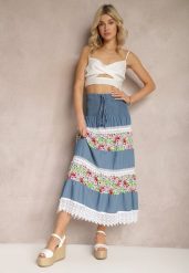 Biało-Niebieska Jeansowa Bawełniana Spódnica High Waist z Gumką w Talii i Ozdobną Koronką Tesaquin. Białe spódniczki damskie Renee, na lato, l, bez wzorów, z bawełny, z podwyższonym stanem, maxi. Za 49.99 zł.