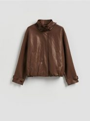 Kurtka z imitacji skóry - ciemnobrązowy. Brązowe kurtki damskie Reserved, l, bez wzorów, ze skóry, bez kaptura. Za 199.99 zł.
