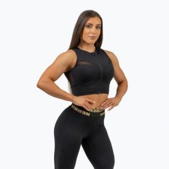Top treningowy damski NEBBIA Mesh Intense black/gold. Czarne topy damskie Nebbia, bez wzorów, z meshu, bez kołnierzyka. Za 299.99 zł.