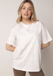 Biały Bawełniany T-shirt Oversize z Haftowanym Napisem z Cekinami Aewai. Białe t-shirty damskie Born2be, m, bez wzorów, z bawełny, bez kołnierzyka. Za 59.99 zł.