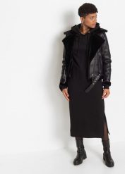 Sukienka dresowa midi. Czarne sukienki damskie bonprix, bez wzorów, z dresówki, bez kołnierzyka, bez ramiączek, midi. Za 159.99 zł.