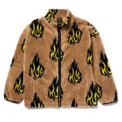 Kurtka turystyczna męska HUF Flamin Zip Sherpa Fleece. Brązowe kurtki męskie HUF, m, bez wzorów, z polaru, sportowe, bez kaptura. Za 456.55 zł.