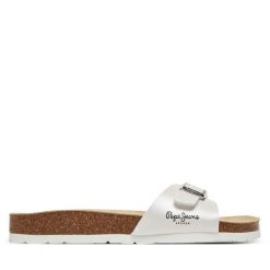 Klapki Pepe Jeans. Białe klapki damskie Pepe Jeans, bez wzorów, z jeansu, bez obcasa. Za 199.99 zł.