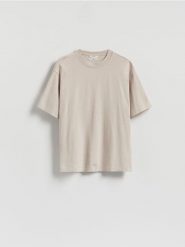 Bawełniany t-shirt boxy - beżowy. Brązowe t-shirty męskie Reserved, l, bez wzorów, z bawełny, bez kołnierzyka. Za 69.99 zł.