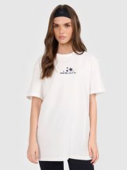 4F T-shirt oversize z nadrukiem damski - beżowy S. Brązowe t-shirty damskie 4f, s, bez wzorów, z dzianiny, bez kołnierzyka. Za 79.99 zł.