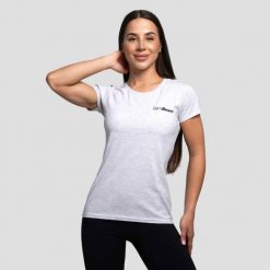 Koszulka damska fitness z krótkim rękawem szara Basic. Szare bluzki sportowe damskie GYMBEAM, s, bez wzorów, z bawełny, bez ramiączek. Za 41.90 zł.