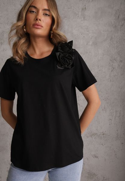 Czarny Bawełniany T-shirt o Klasycznym Kroju z Kwiatowymi Aplikacjami 3D Morgane. Czarne t-shirty damskie Renee, l, z aplikacjami, z bawełny, bez kołnierzyka. Za 49.99 zł.