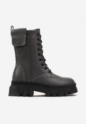 Szare Sznurowane Botki w Stylu Workerów na Platformie z Kieszonką na Napy Amoriela. Szare botki dziewczęce Renee, bez wzorów, z jeansu, bez ramiączek. Za 159.99 zł.