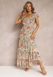 Beżowa Wiskozowa Sukienka Maxi z Pomponami i Gumką w Talii Belmona. Brązowe sukienki damskie Renee, na imprezę, na lato, m, bez wzorów, z wiskozy, bez kołnierzyka, bez ramiączek, maxi, rozkloszowane. Za 89.99 zł.